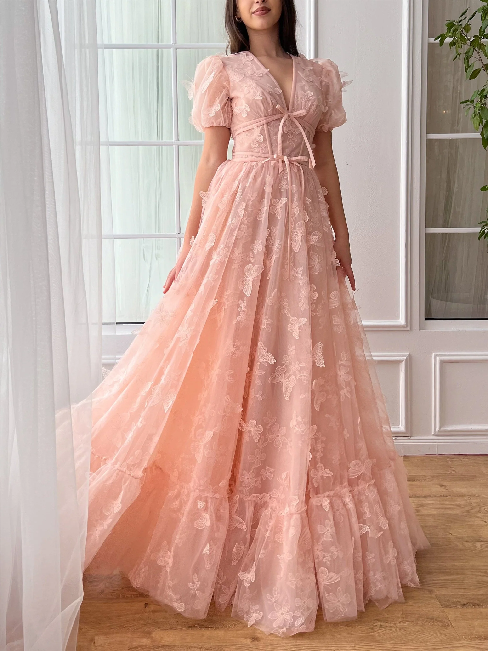 A-Line/Princess V-neck Short Sleeves Floor-length Formal Prom Dresses with Flower - Image 5