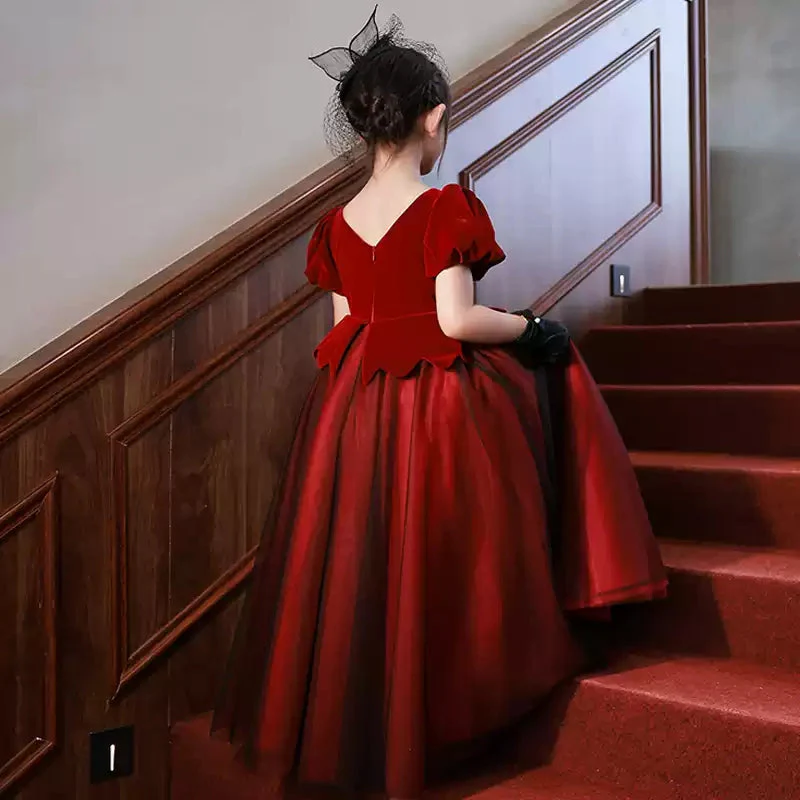 A-Line/Princess V-Neck Short Sleeves Floor Length Girl Party Dress with Crystals - Image 2