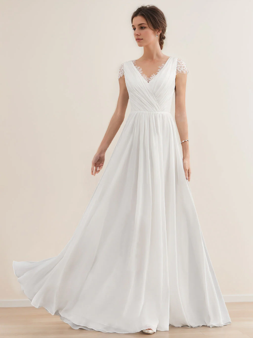 A-Line/Princess V-Neck Short Sleeves Floor-length Lace Wedding Dress with Ruffles