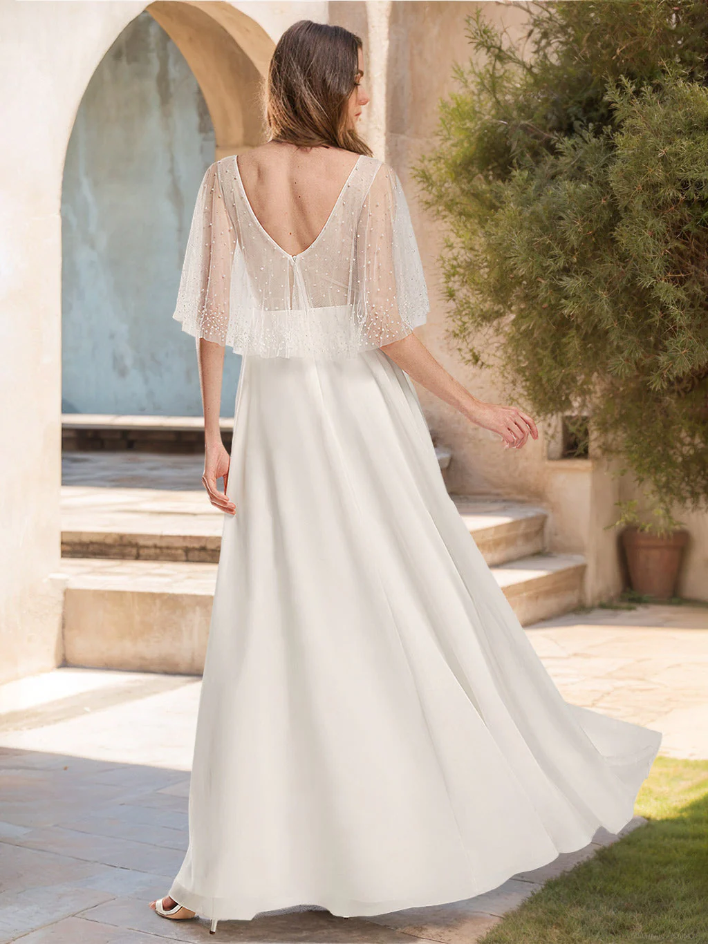 A-Line/Princess V-Neck Short Sleeves Floor-length Lace Wedding Dress with Wrap - Image 2