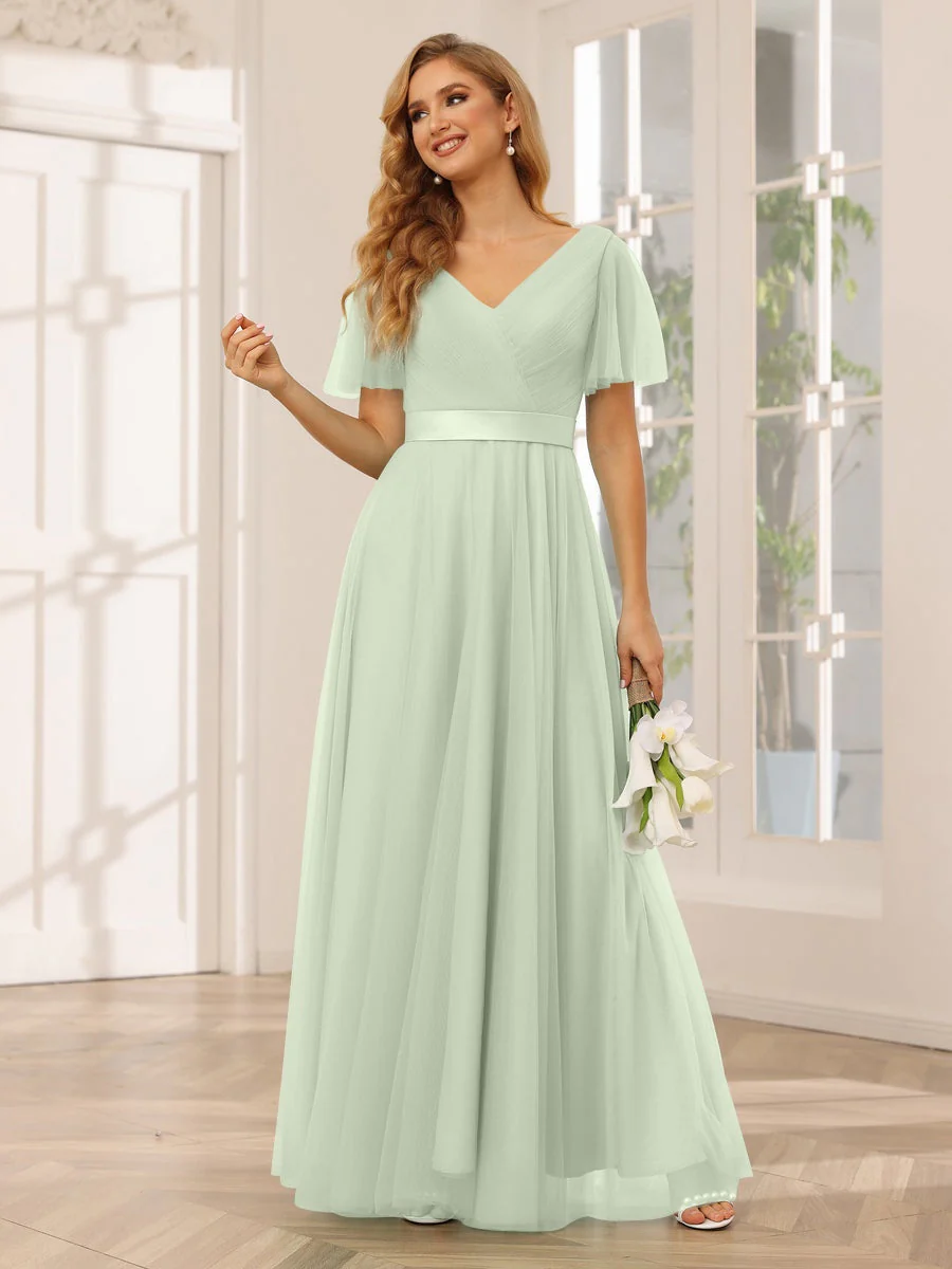 A-Line/Princess V-Neck Short Sleeves Floor-Length Long Bridesmaid Dresses with Lace - Image 11