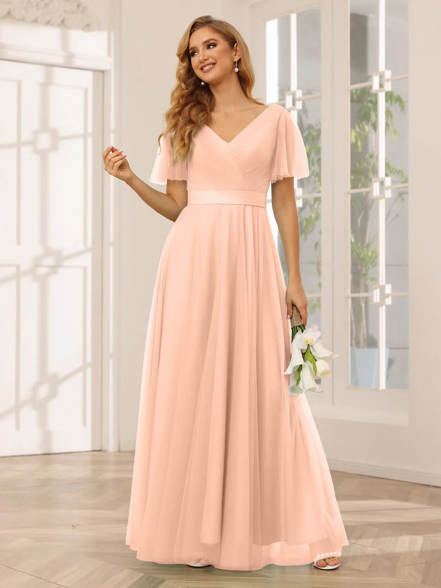 A-Line/Princess V-Neck Short Sleeves Floor-Length Long Bridesmaid Dresses with Lace - Image 16