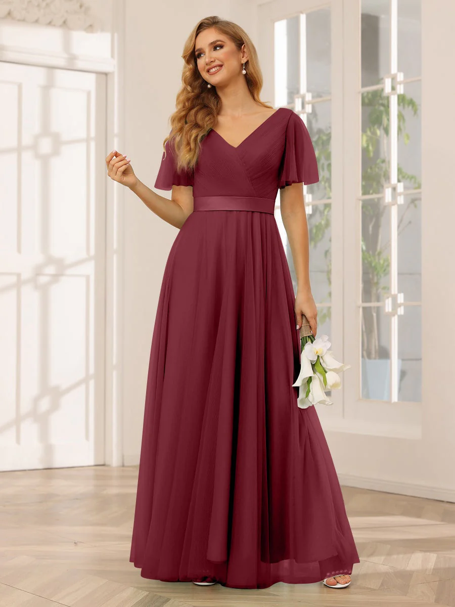 A-Line/Princess V-Neck Short Sleeves Floor-Length Long Bridesmaid Dresses with Lace - Image 39
