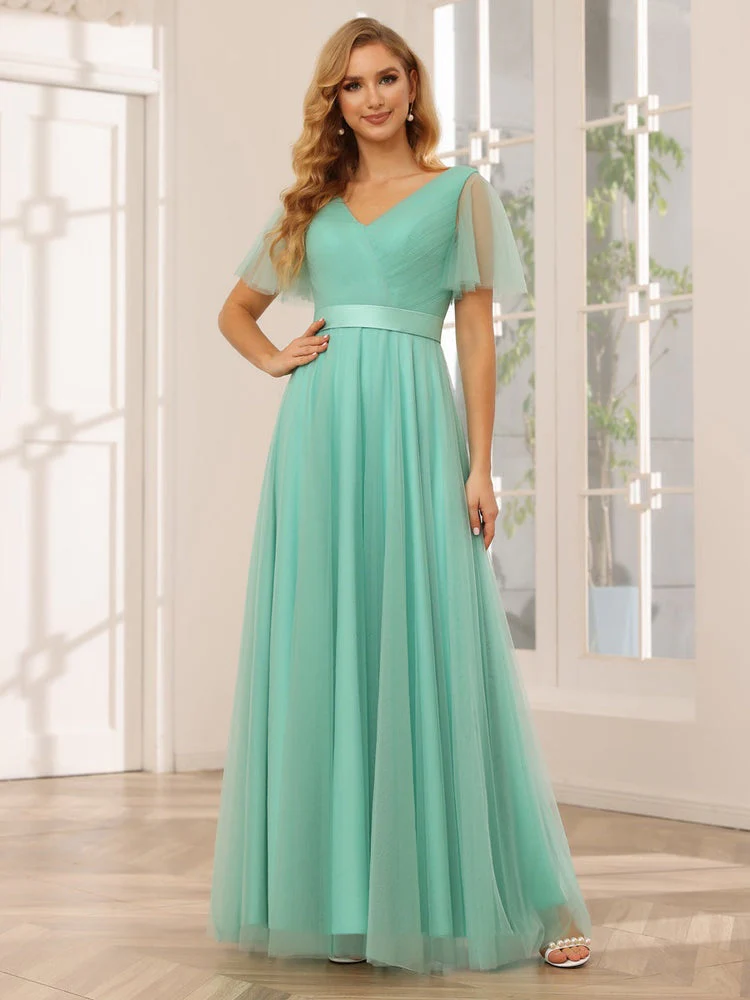 A-Line/Princess V-Neck Short Sleeves Floor-Length Long Bridesmaid Dresses with Lace - Image 5