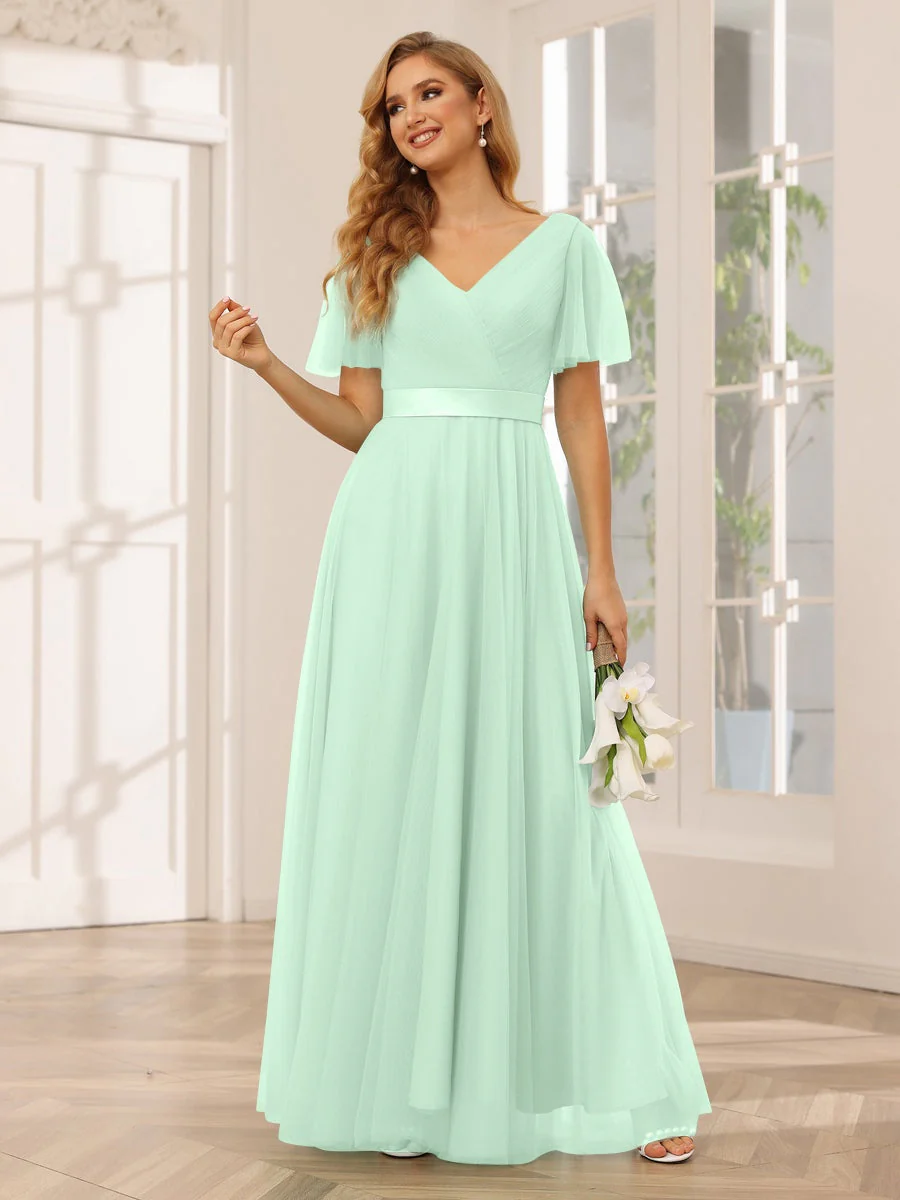 A-Line/Princess V-Neck Short Sleeves Floor-Length Long Bridesmaid Dresses with Lace - Image 62