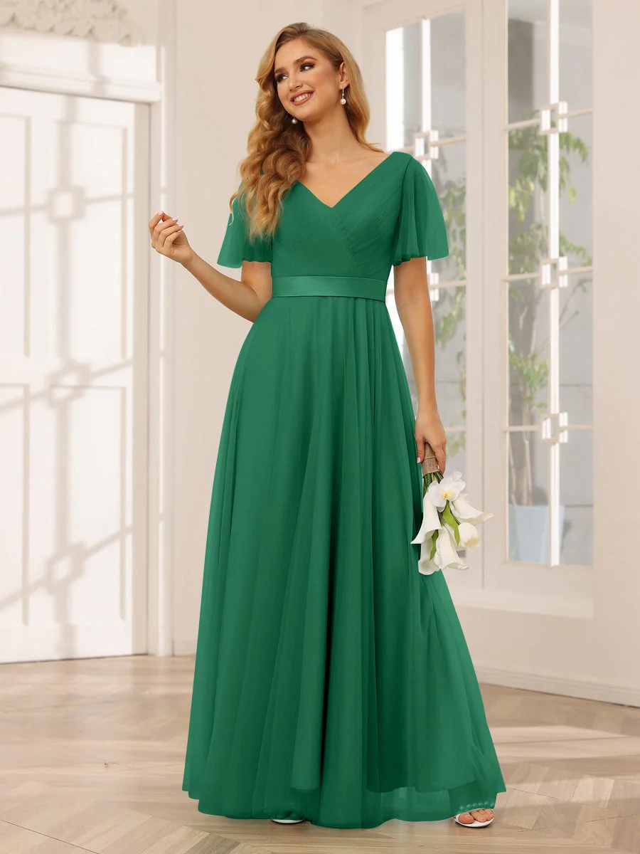 A-Line/Princess V-Neck Short Sleeves Floor-Length Long Bridesmaid Dresses with Lace - Image 68