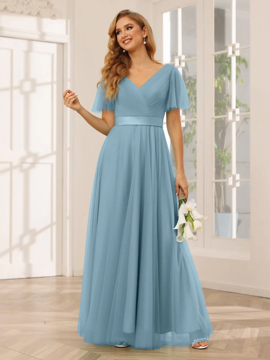 A-Line/Princess V-Neck Short Sleeves Floor-Length Long Bridesmaid Dresses with Lace - Image 9