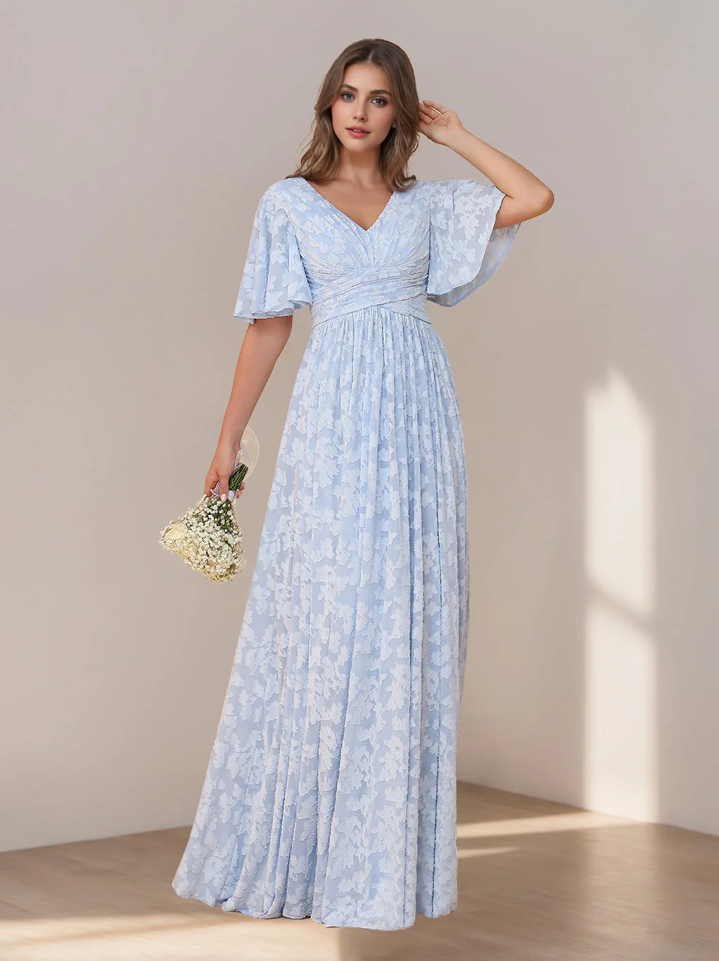 A-Line/Princess V-Neck Short Sleeves Floor-Length Long Bridesmaid Dresses with Ruffles - Image 3