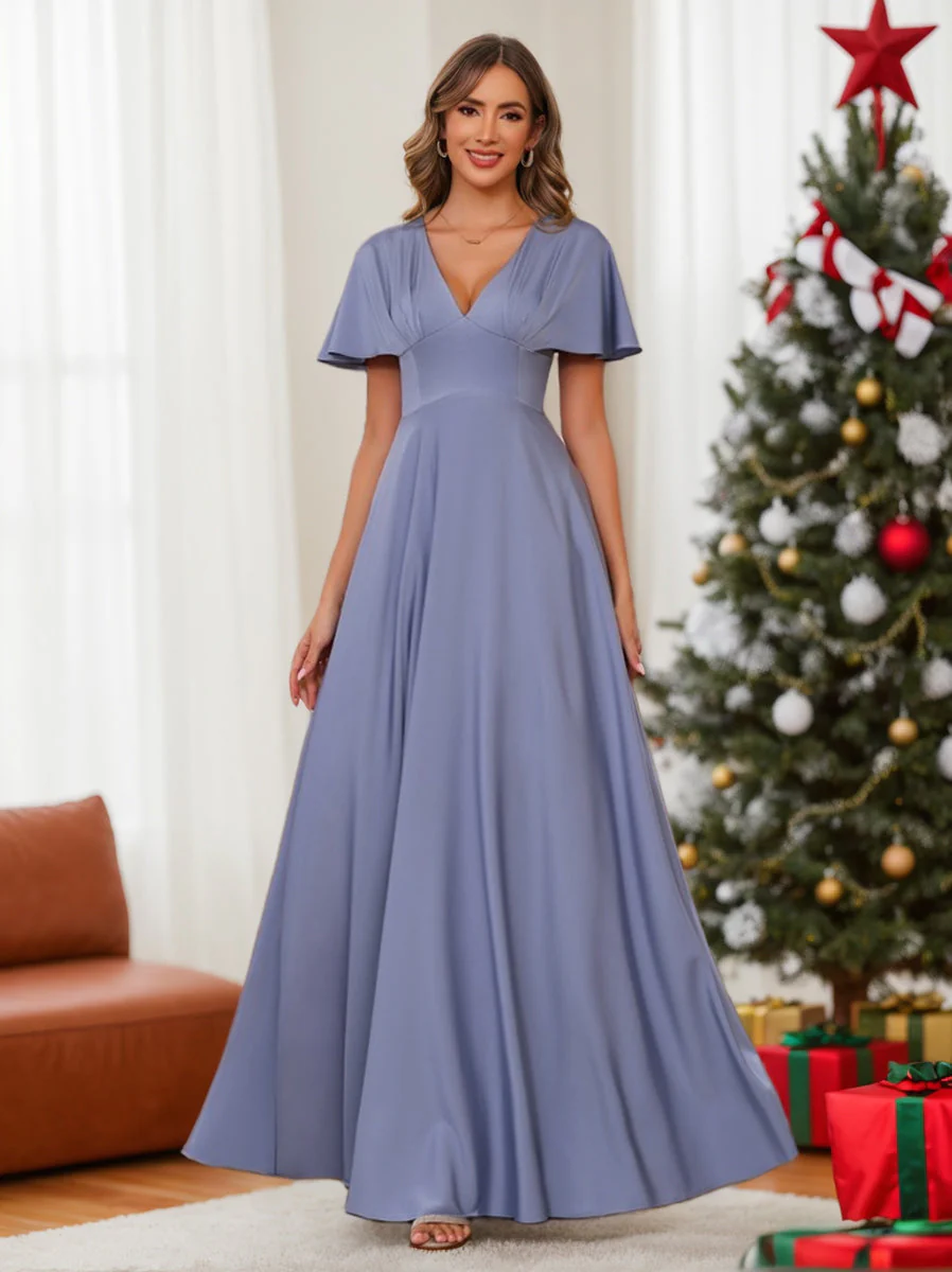 A-Line/Princess V-Neck Short Sleeves Floor-Length Mother of the Bride long Dresses with Ruffles - Image 6