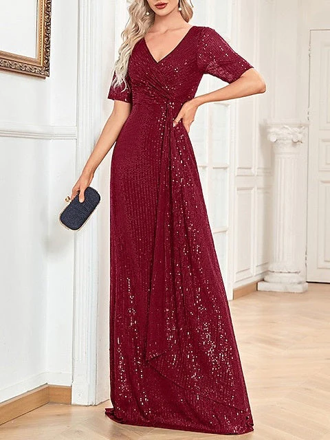 A-Line/Princess V-Neck Short Sleeves Floor-Length Party Cocktail Dress with Sequin - Image 3