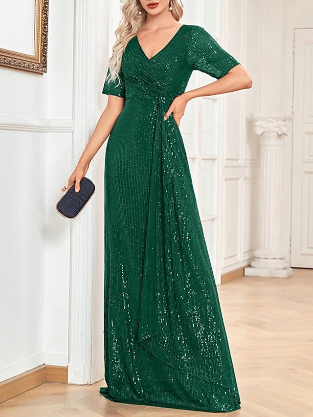 A-Line/Princess V-Neck Short Sleeves Floor-Length Party Cocktail Dress with Sequin - Image 5