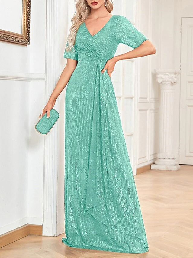 A-Line/Princess V-Neck Short Sleeves Floor-Length Party Cocktail Dress with Sequin - Image 9