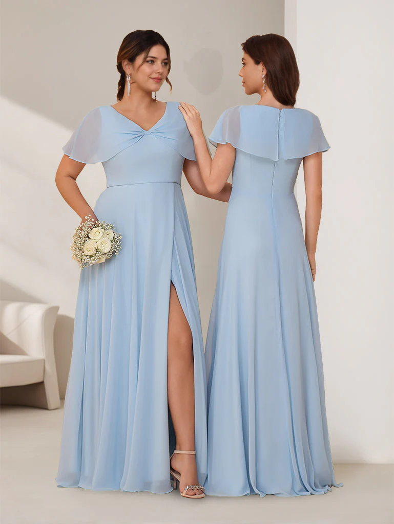 A-Line/Princess V-Neck Short Sleeves Floor-Length Plus Size Bridesmaid Dresses with Split Side - Image 2