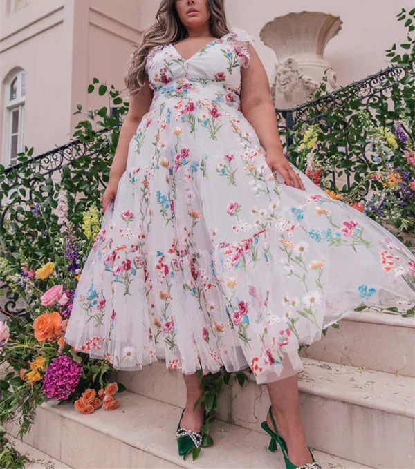 A-Line/Princess V-Neck Short Sleeves Floral Formal Party Dresses With Flowers - Image 3