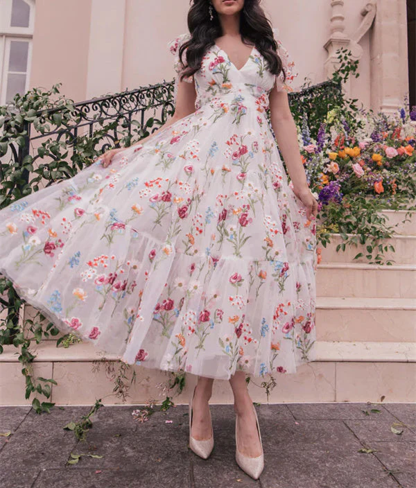 A-Line/Princess V-Neck Short Sleeves Floral Formal Party Dresses With Flowers - Image 4