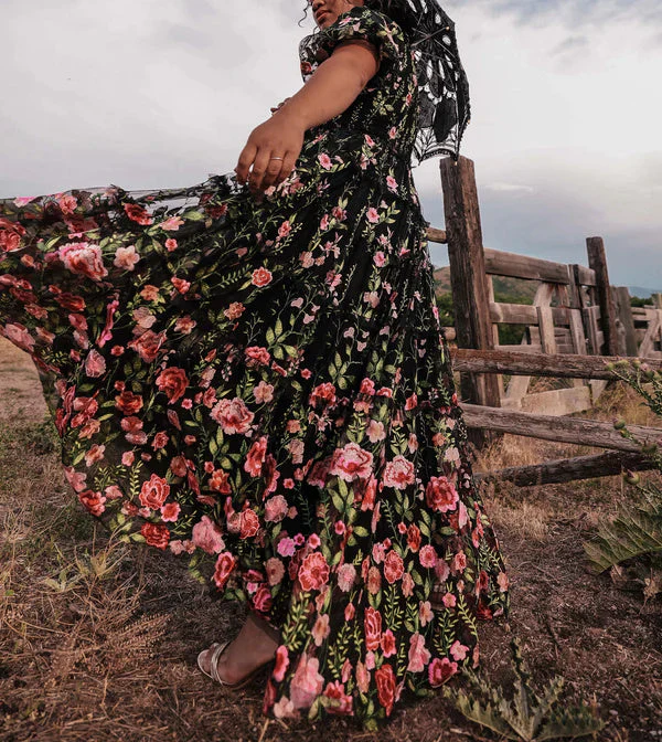 A-Line/Princess V-Neck Short Sleeves Floral Formal Party Dresses With Flowers - Image 5