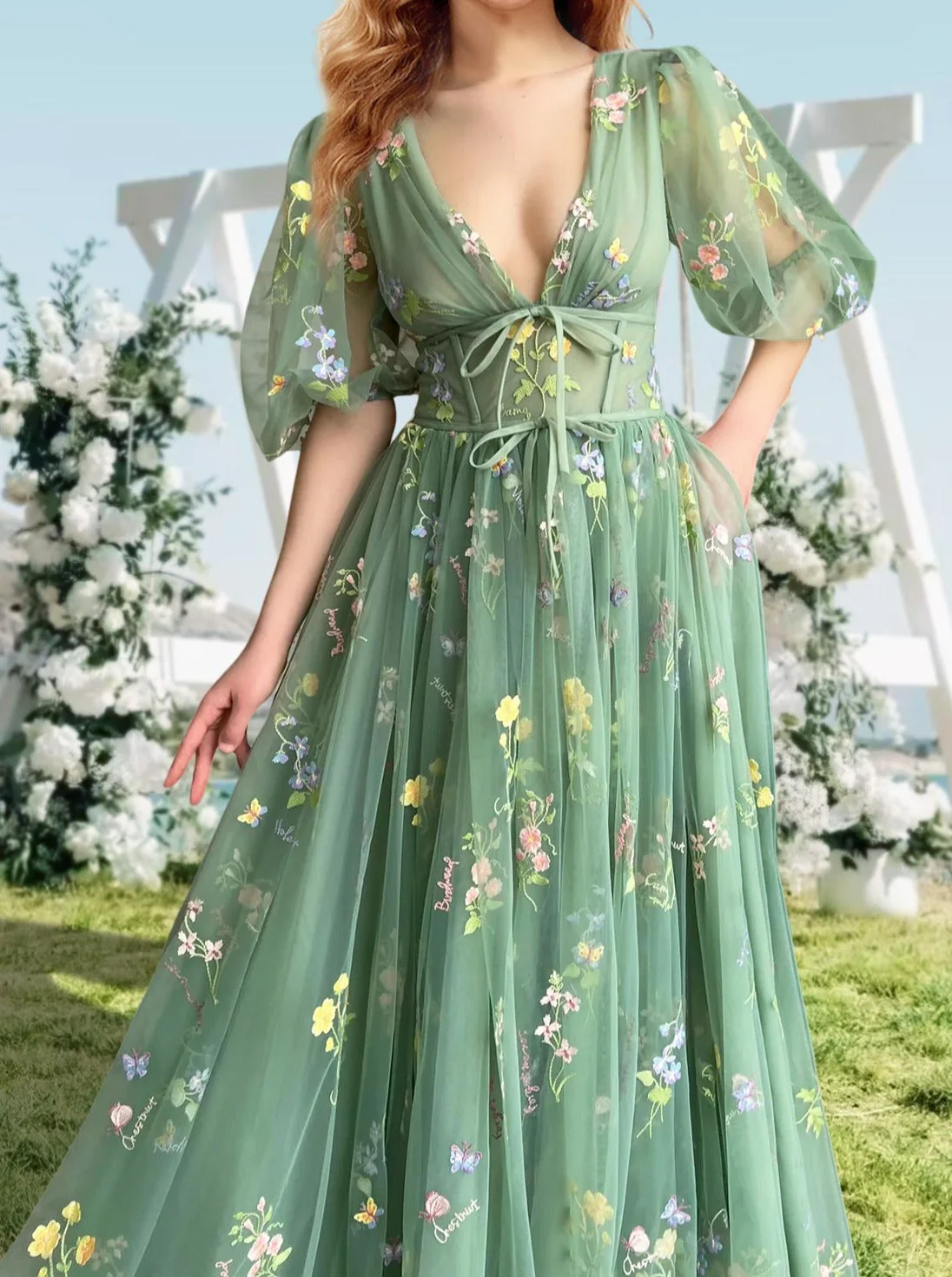 A-Line/Princess V-Neck Short Sleeves Floral Long Formal Prom Dresses With Flowers - Image 3