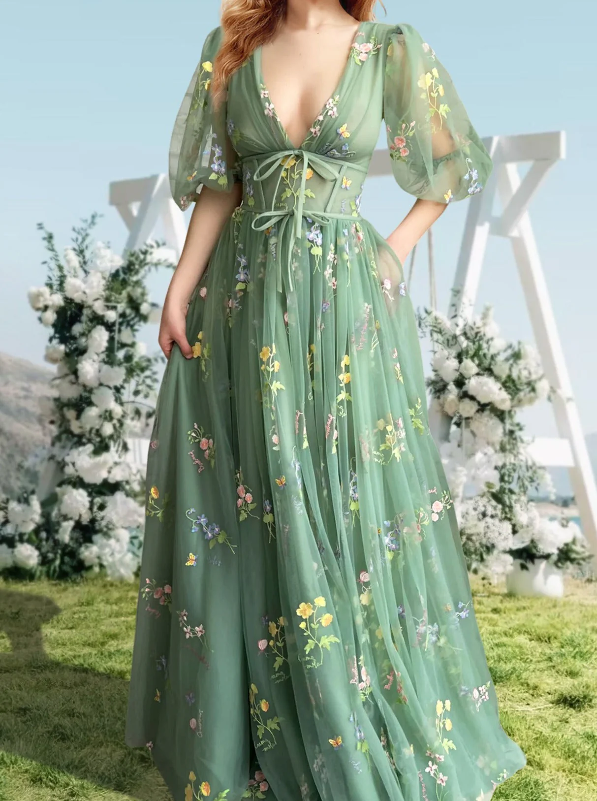 A-Line/Princess V-Neck Short Sleeves Floral Long Formal Prom Dresses With Flowers - Image 4
