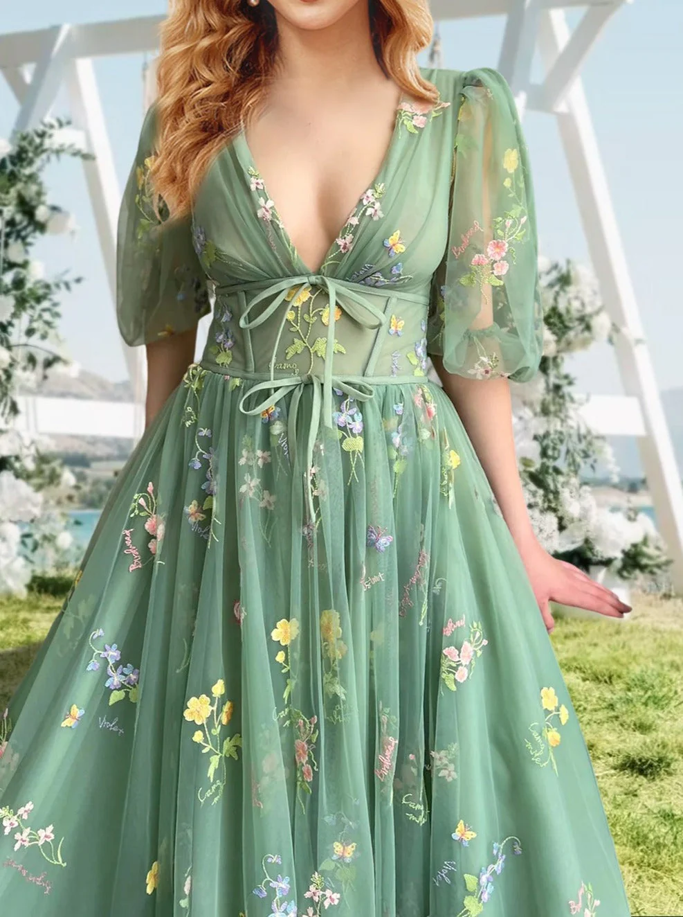 A-Line/Princess V-Neck Short Sleeves Floral Long Formal Prom Dresses With Flowers - Image 5