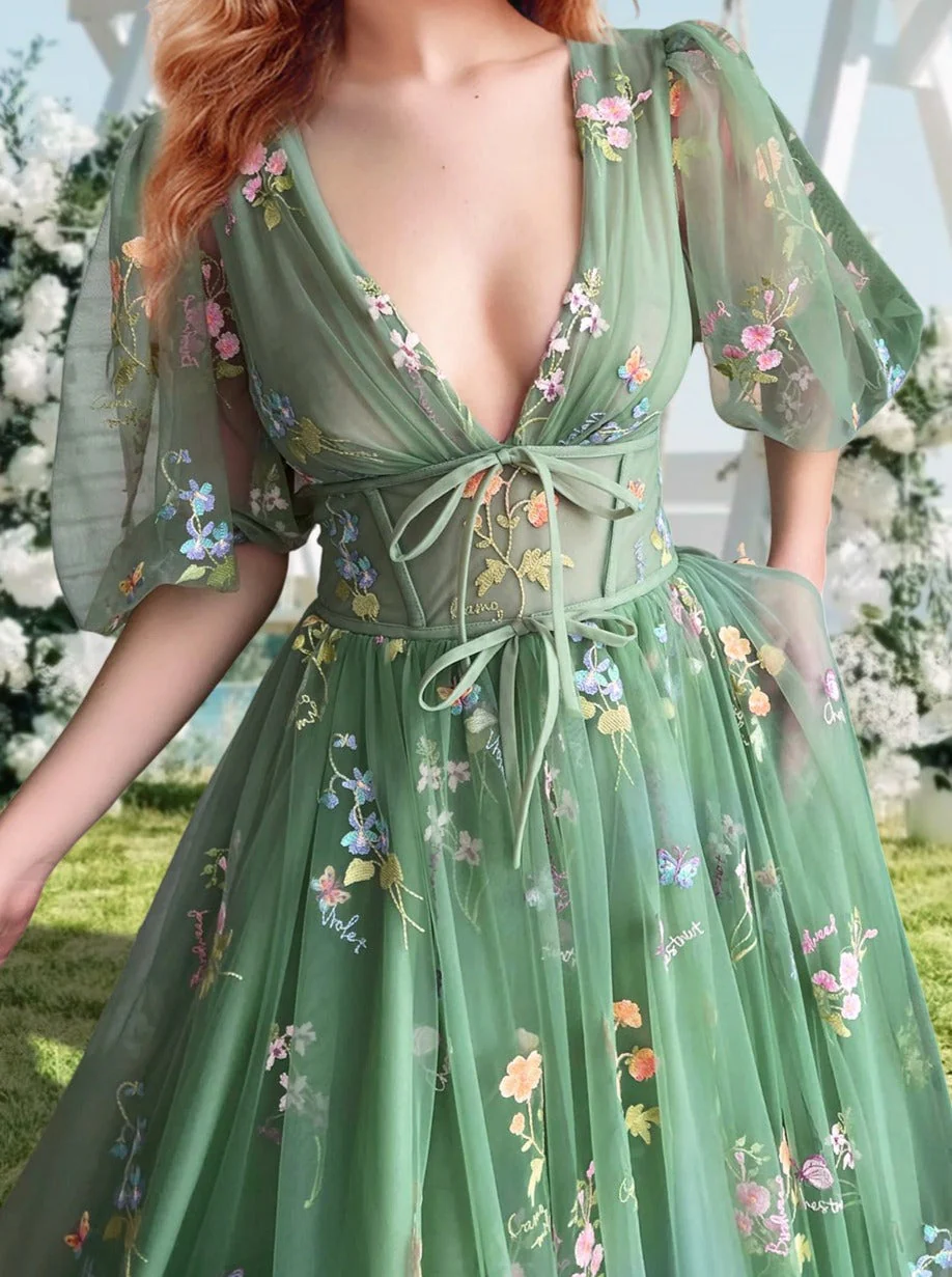 A-Line/Princess V-Neck Short Sleeves Floral Long Formal Prom Dresses With Flowers - Image 6