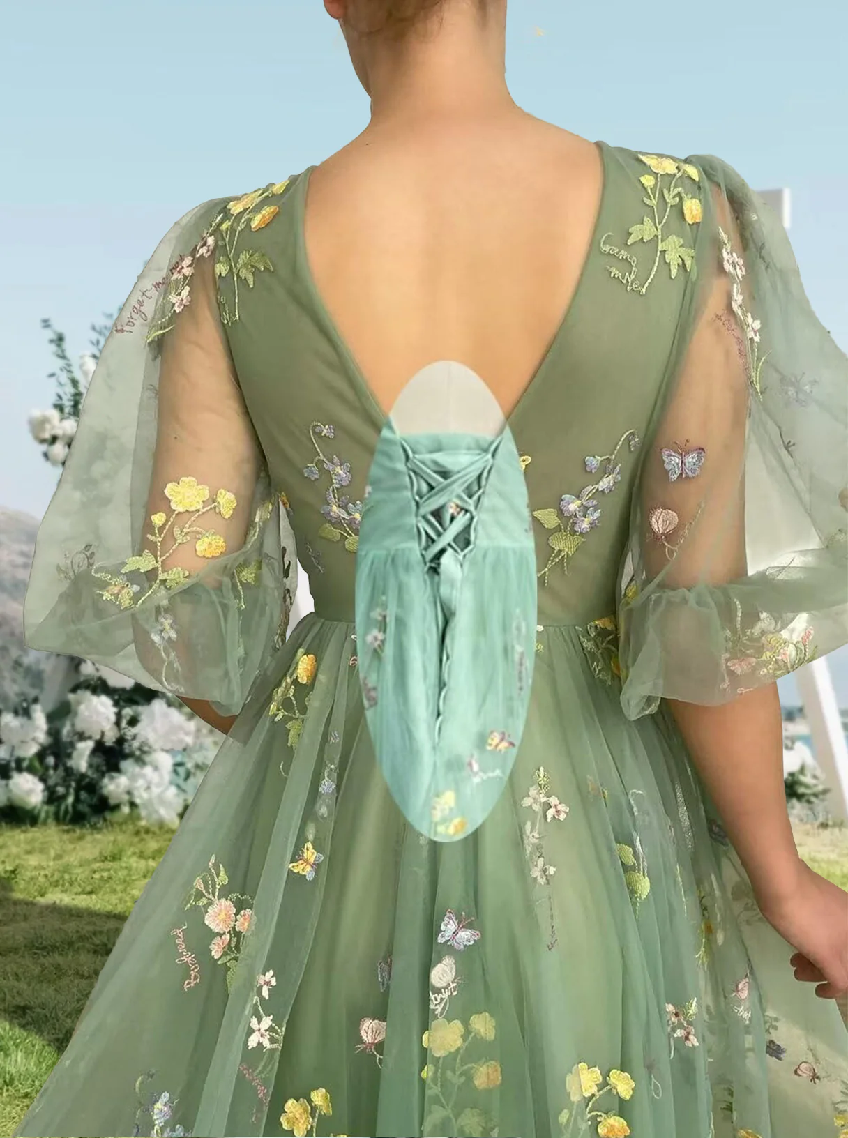A-Line/Princess V-Neck Short Sleeves Floral Long Formal Prom Dresses With Flowers - Image 7