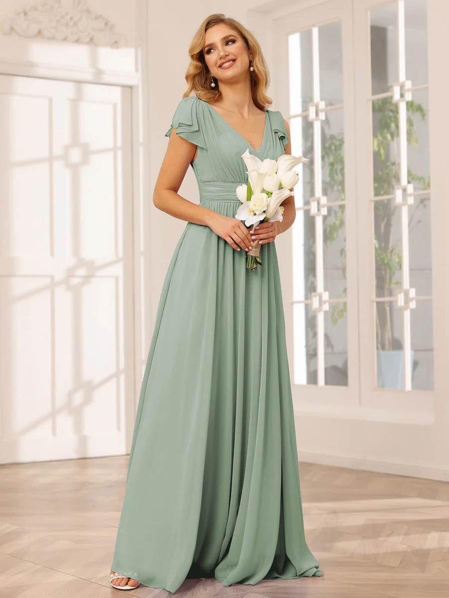 A-Line/Princess V-Neck Short Sleeves Long Bridesmaid Dresses with Ruffles - Image 11