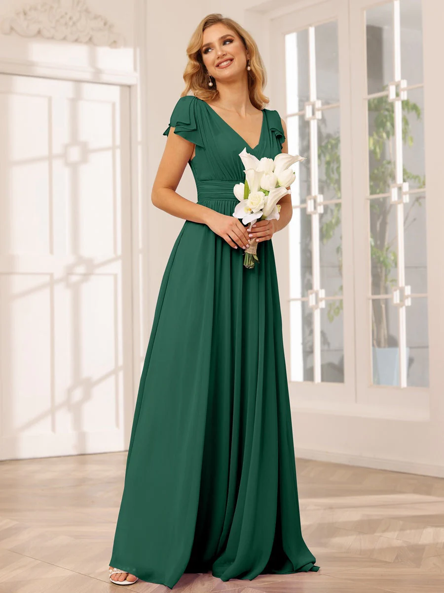 A-Line/Princess V-Neck Short Sleeves Long Bridesmaid Dresses with Ruffles - Image 12