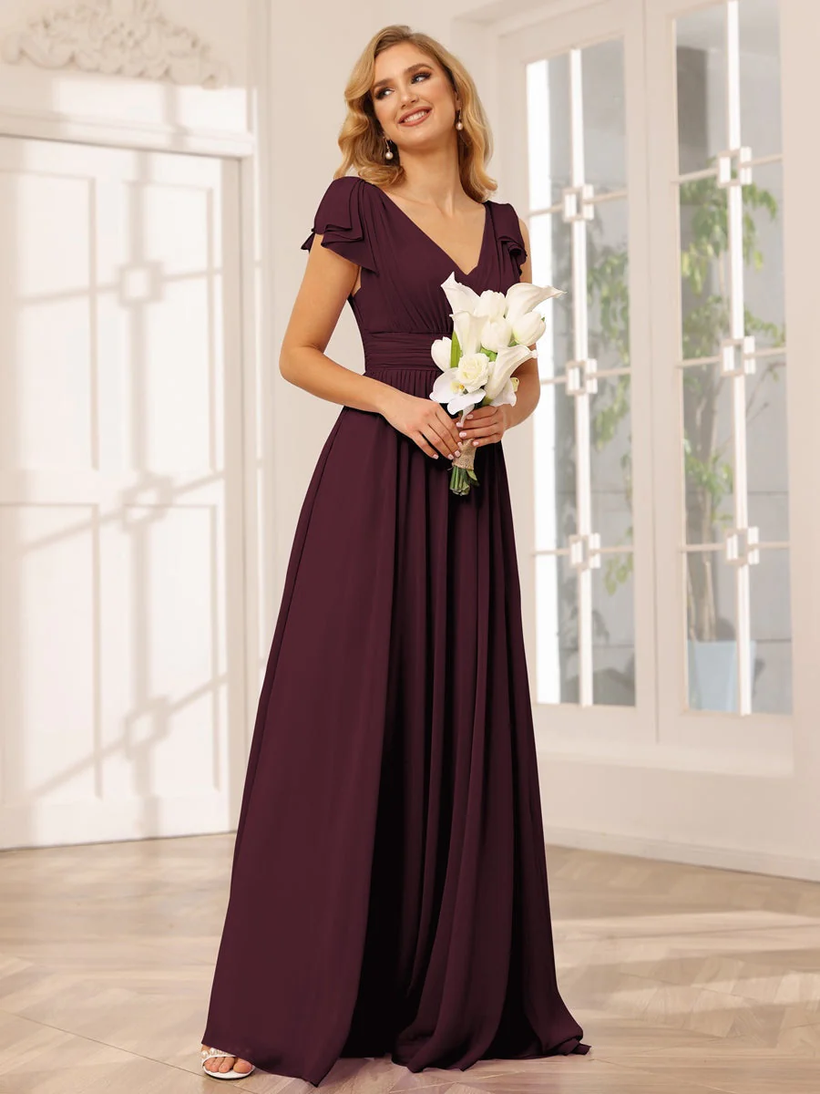 A-Line/Princess V-Neck Short Sleeves Long Bridesmaid Dresses with Ruffles - Image 13