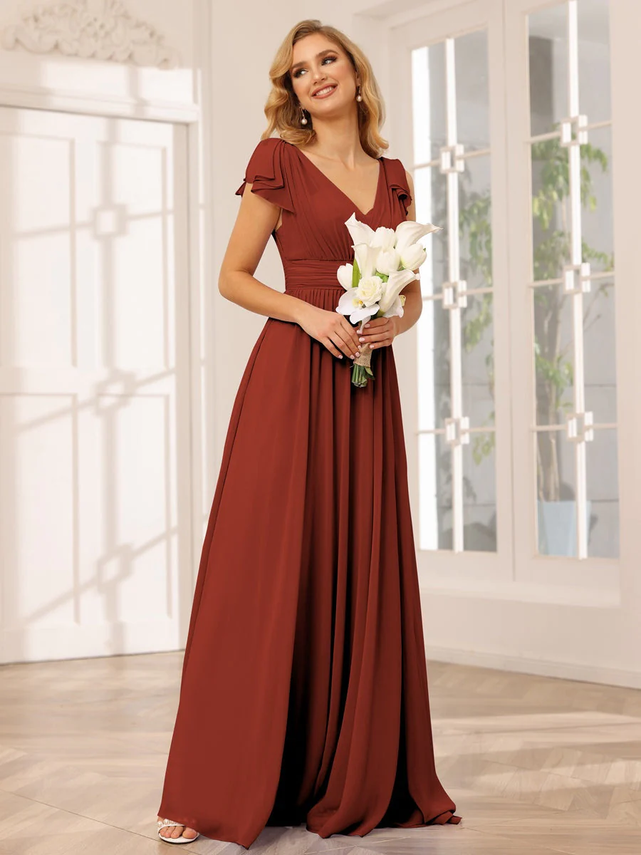 A-Line/Princess V-Neck Short Sleeves Long Bridesmaid Dresses with Ruffles - Image 14