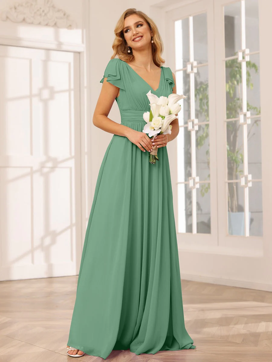 A-Line/Princess V-Neck Short Sleeves Long Bridesmaid Dresses with Ruffles - Image 17