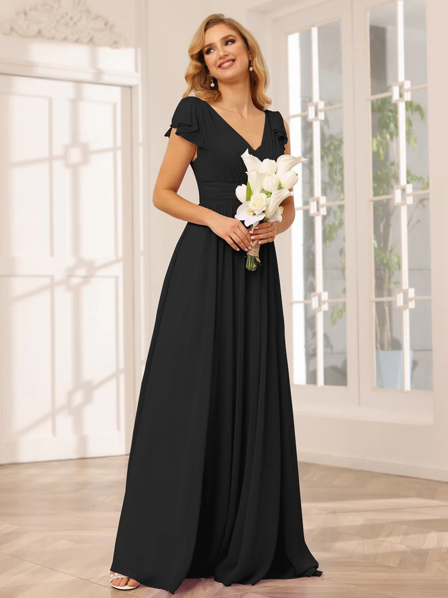 A-Line/Princess V-Neck Short Sleeves Long Bridesmaid Dresses with Ruffles - Image 18