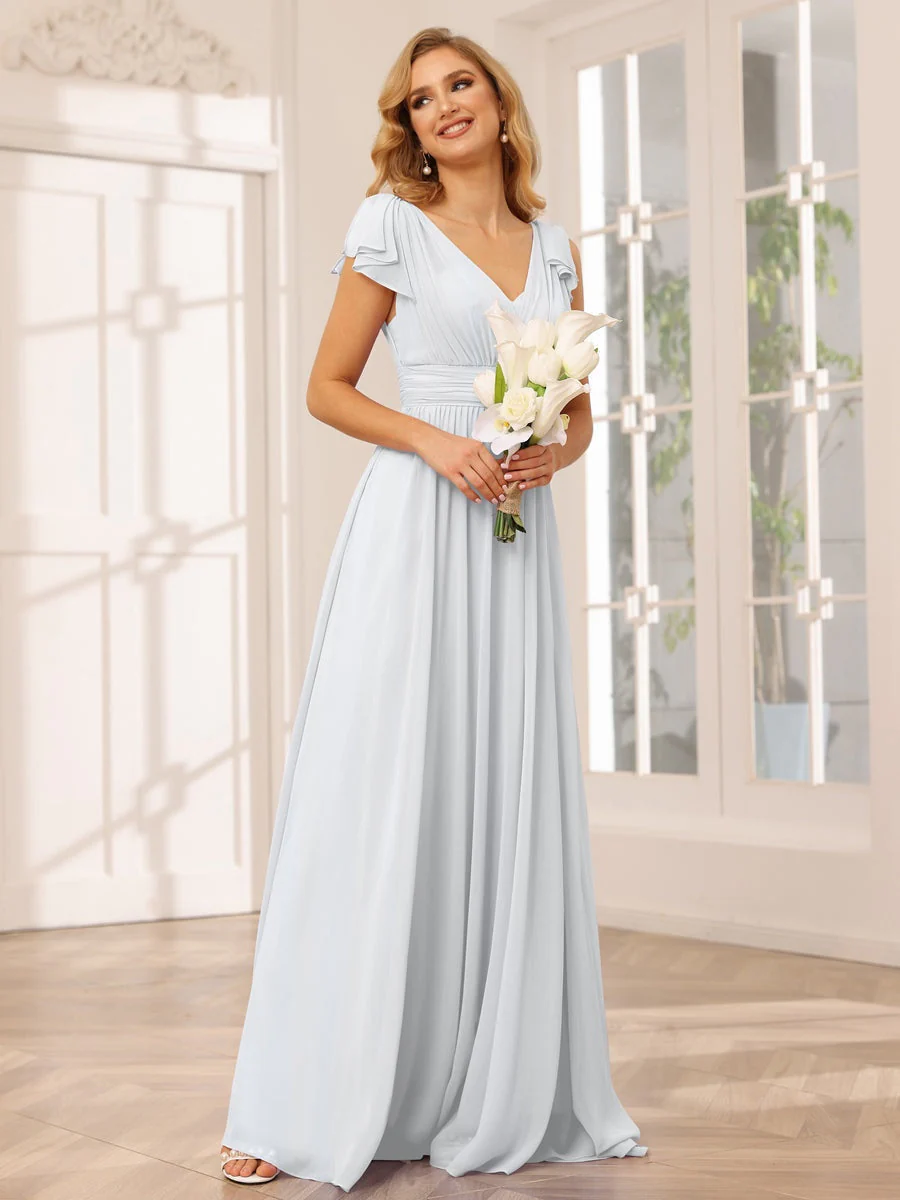 A-Line/Princess V-Neck Short Sleeves Long Bridesmaid Dresses with Ruffles - Image 19