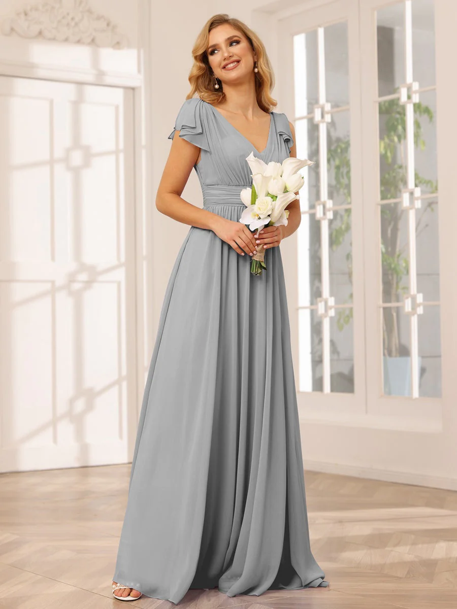 A-Line/Princess V-Neck Short Sleeves Long Bridesmaid Dresses with Ruffles - Image 22
