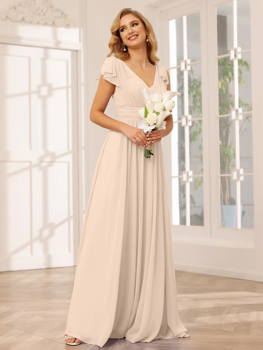 A-Line/Princess V-Neck Short Sleeves Long Bridesmaid Dresses with Ruffles - Image 23