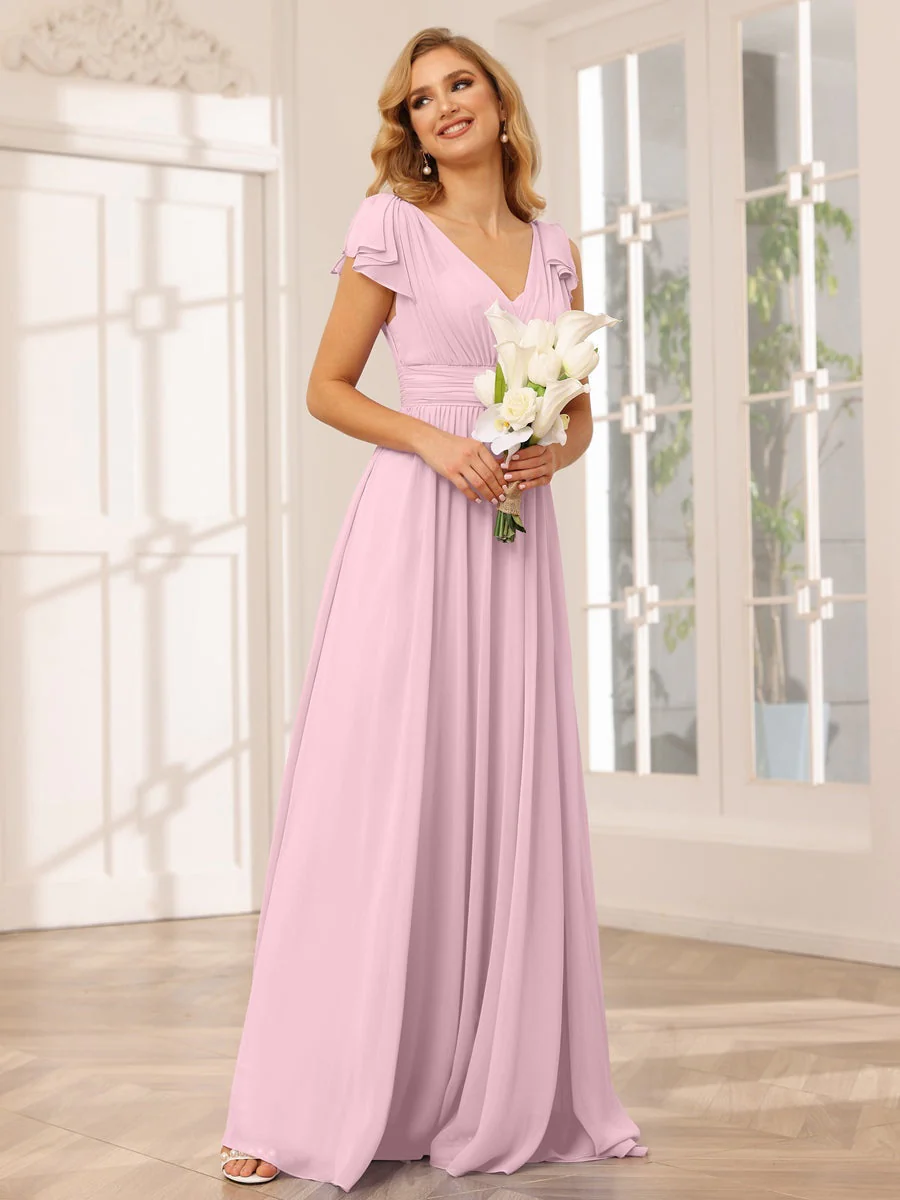 A-Line/Princess V-Neck Short Sleeves Long Bridesmaid Dresses with Ruffles - Image 25