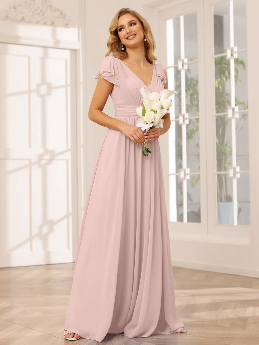 A-Line/Princess V-Neck Short Sleeves Long Bridesmaid Dresses with Ruffles - Image 26