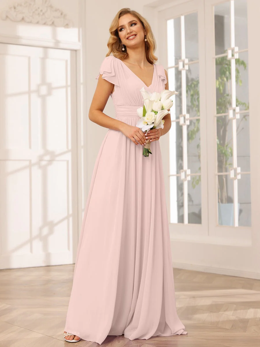 A-Line/Princess V-Neck Short Sleeves Long Bridesmaid Dresses with Ruffles - Image 27