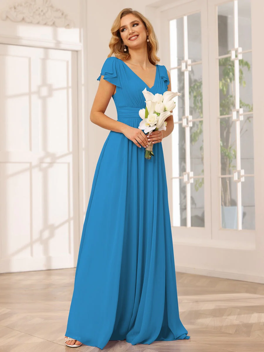 A-Line/Princess V-Neck Short Sleeves Long Bridesmaid Dresses with Ruffles - Image 53