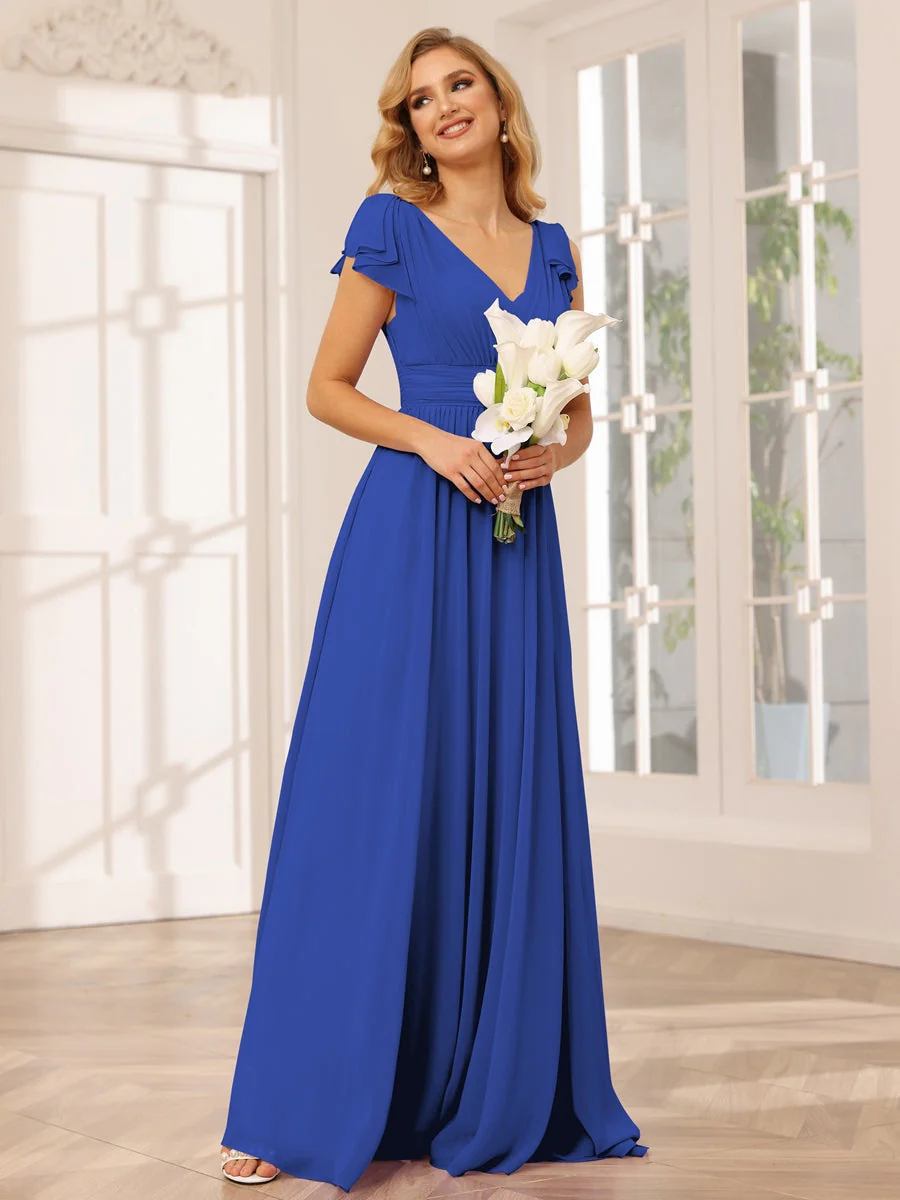 A-Line/Princess V-Neck Short Sleeves Long Bridesmaid Dresses with Ruffles - Image 54