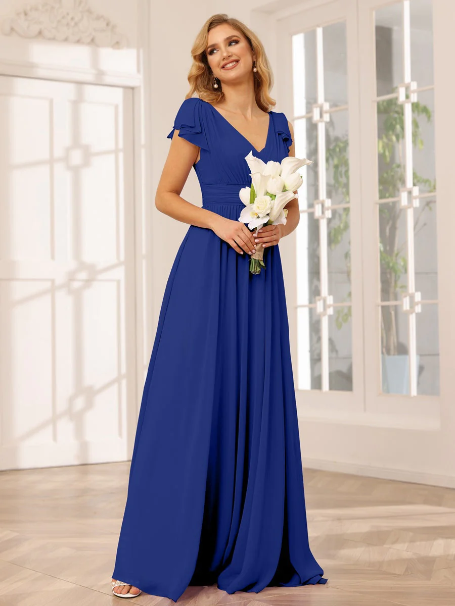 A-Line/Princess V-Neck Short Sleeves Long Bridesmaid Dresses with Ruffles - Image 56