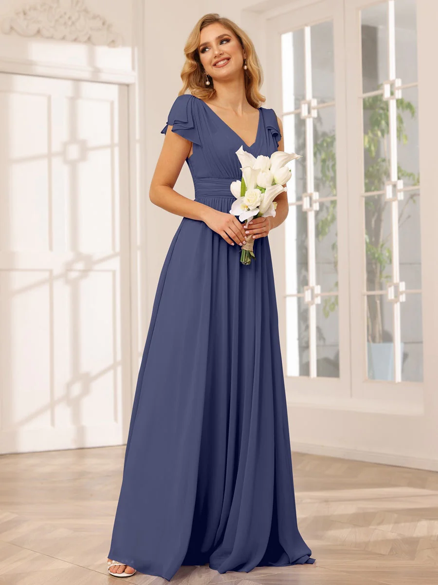A-Line/Princess V-Neck Short Sleeves Long Bridesmaid Dresses with Ruffles - Image 57