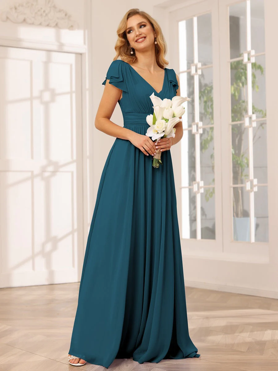 A-Line/Princess V-Neck Short Sleeves Long Bridesmaid Dresses with Ruffles - Image 58