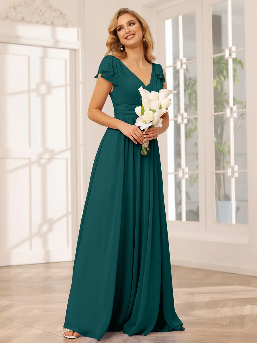 A-Line/Princess V-Neck Short Sleeves Long Bridesmaid Dresses with Ruffles - Image 66