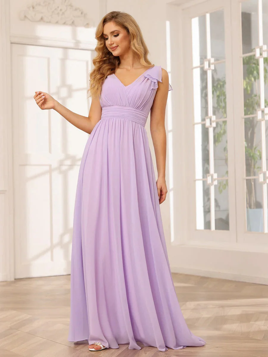 A-Line/Princess V-Neck Short Sleeves Long Bridesmaid Dresses with Ruffles - Image 7