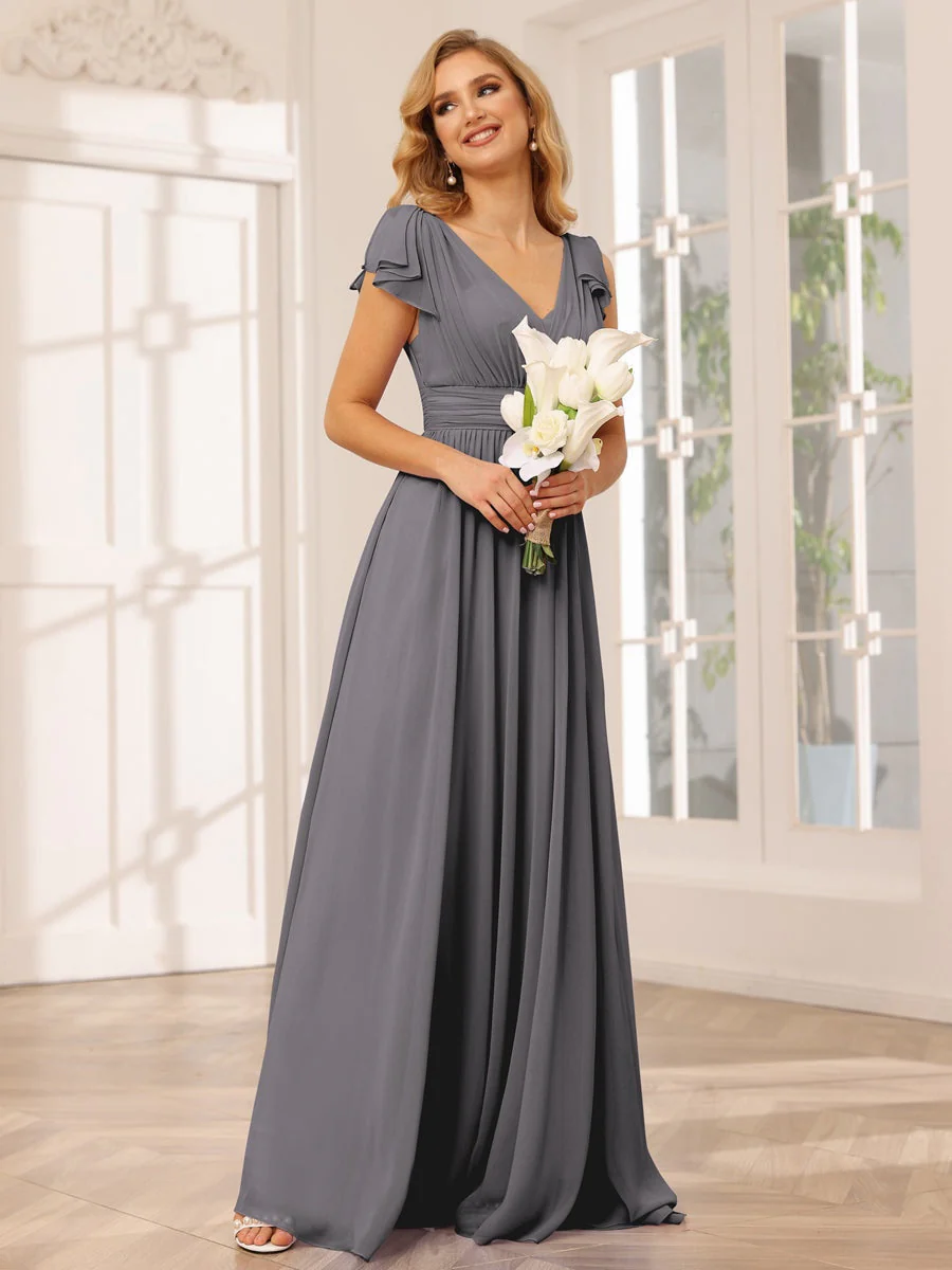 A-Line/Princess V-Neck Short Sleeves Long Bridesmaid Dresses with Ruffles - Image 74