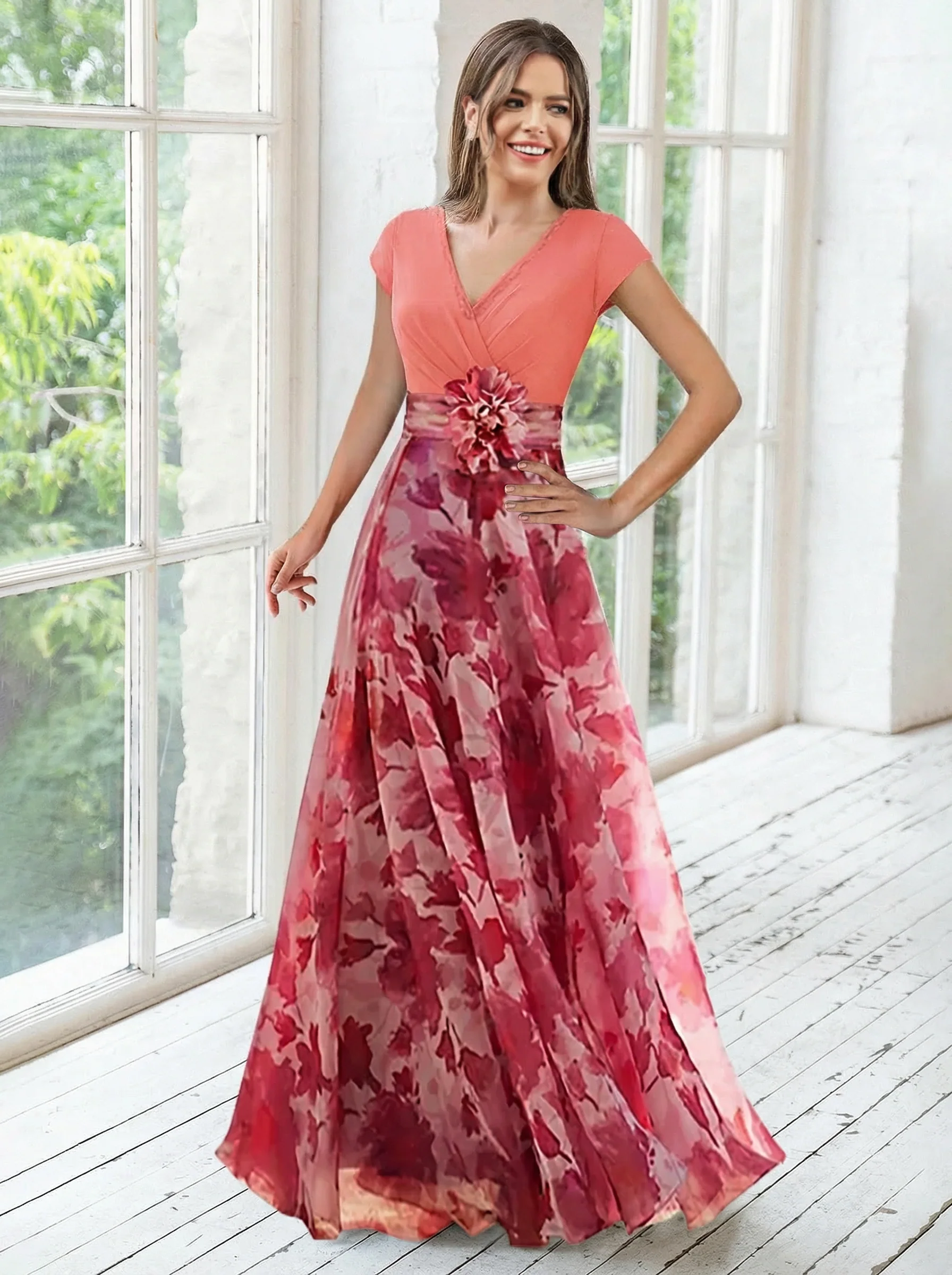 A Line/Princess V-Neck Short Sleeves Mother of the Bride Dresses With Flower & Ruches - Image 9