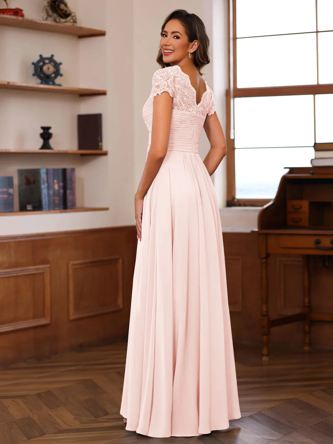 A-Line/Princess V-Neck Short Sleeves Pleated Mother of the Bride & Groom Dresses with Ruffles & Appliques - Image 2