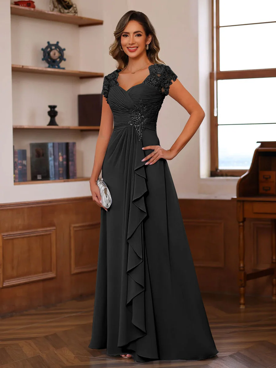 A-Line/Princess V-Neck Short Sleeves Pleated Mother of the Bride & Groom Dresses with Ruffles & Appliques - Image 3