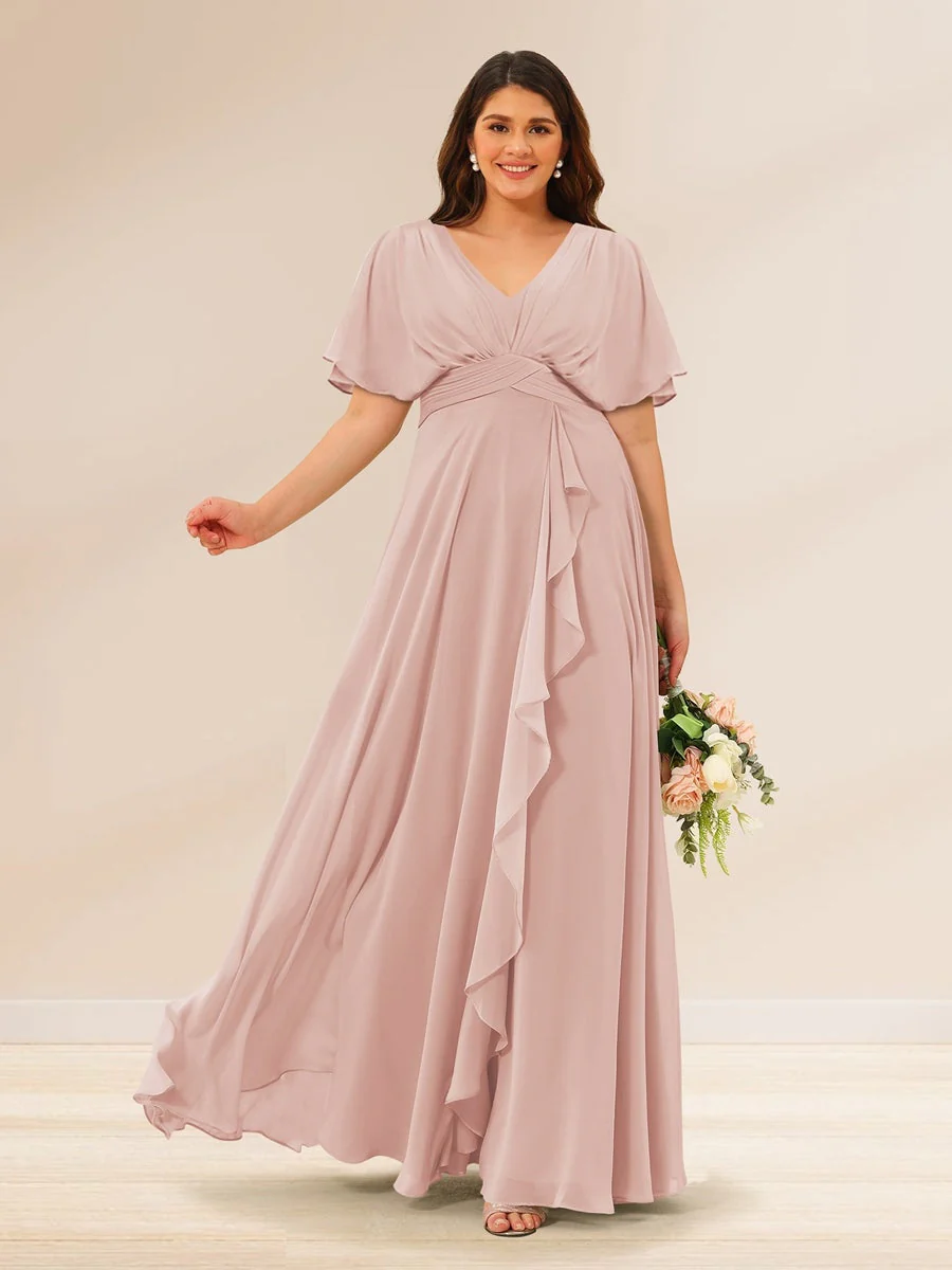 A-Line/Princess V-Neck Short Sleeves Plus Size Bridesmaid Dresses with Pockets - Image 23