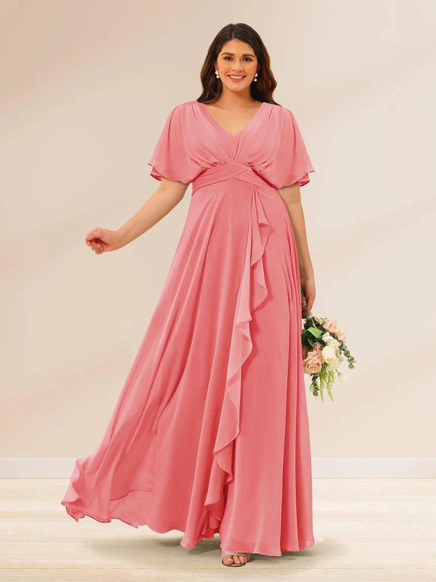 A-Line/Princess V-Neck Short Sleeves Plus Size Bridesmaid Dresses with Pockets - Image 27